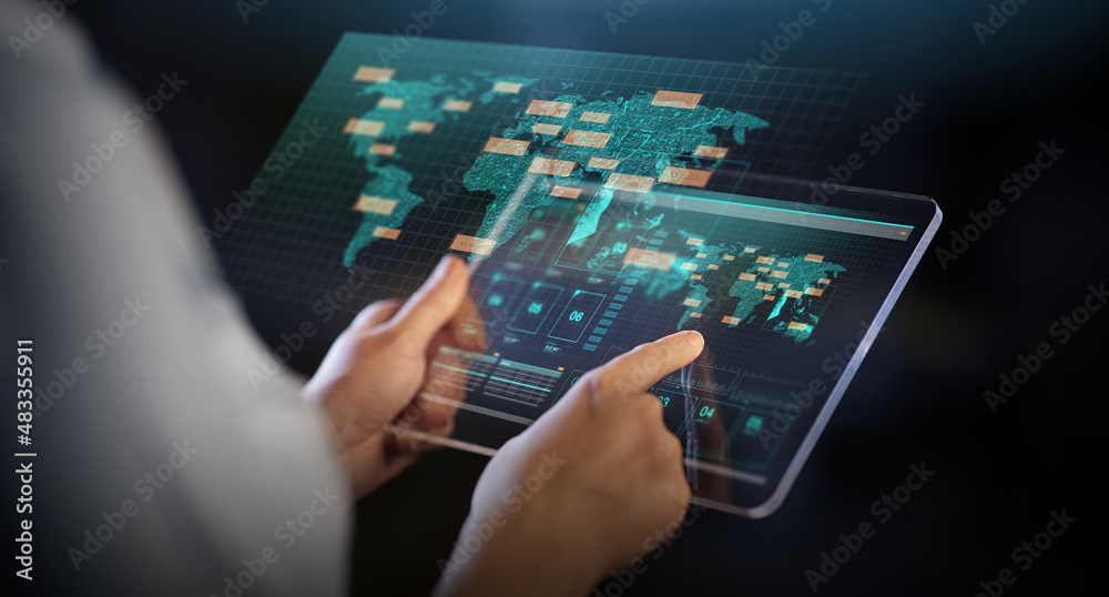virtual reality, people and technology concept - close up of hands holding transparent tablet pc computer with files hologram virtual reality, people and technology concept - close up of hands holding transparent tablet pc computer with files hologram