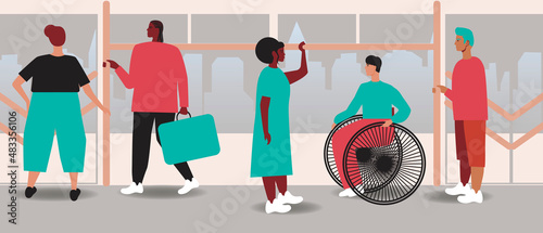 Passengers in transport during rush hour, Flat vector stock illustration with Full saloon of a bus and Passenger in a wheelchair