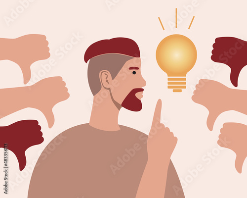 Persona idea, condemnation of society, Flat vector stock illustration with Hand with thumbs down and Incandescent lamp