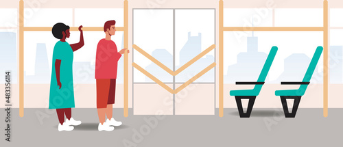 Queue to door inside passenger transport, Flat vector stock illustration with Multicultural people inside passenger bus in city