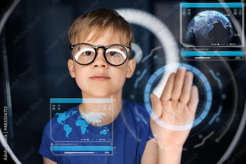 future technology, augmented reality and cyberspace concept - happy ...