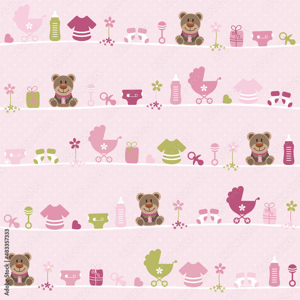 Endlosmuster Teddy Und Babysymbole Mädchen Punkte Rosa Olivgrün Endlosmuster Teddy Und Babysymbole Mädchen Punkte Rosa Olivgrün