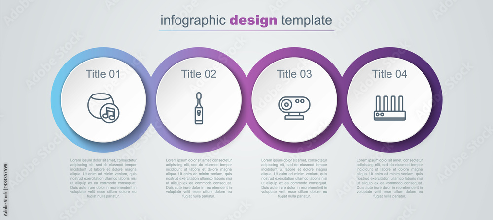 Set line Voice assistant, Electric toothbrush, Web camera and Router and wi-fi signal. Business infographic template. Vector Set line Voice assistant, Electric toothbrush, Web camera and Router and wi-fi signal. Business infographic template. Vector