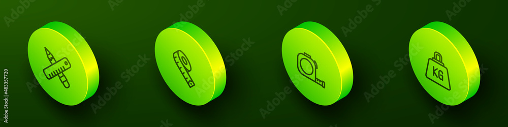 Set Isometric line Crossed ruler and pencil, Measuring tape, Roulette construction and Weight icon. Vector Set Isometric line Crossed ruler and pencil, Measuring tape, Roulette construction and Weight icon. Vector