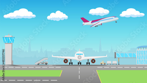 Airport. Plane. terminal building. Vector airport landscape. Airplane taking off from airport. Runwaycontrol traffic tower