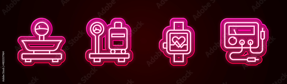 Set line Scales, with suitcase, Smart watch and Multimeter, voltmeter. Glowing neon icon. Vector Set line Scales, with suitcase, Smart watch and Multimeter, voltmeter. Glowing neon icon. Vector
