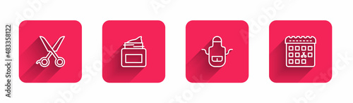 Set line Scissors hairdresser, Cream cosmetic jar, Barber apron and Calendar with haircut day with long shadow. Red square button. Vector