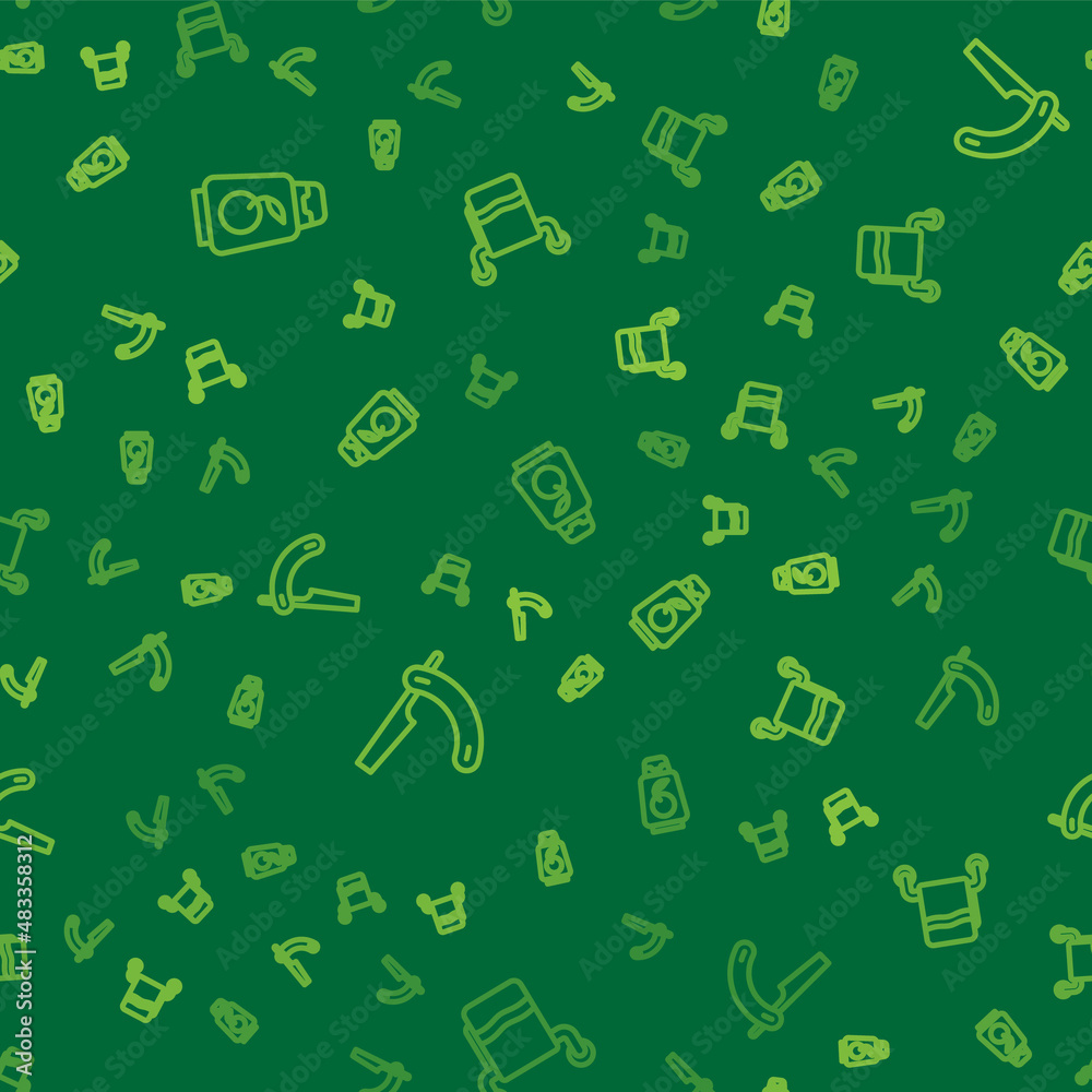 Set line Bottle of shampoo, Straight razor and Towel on hanger on seamless pattern. Vector