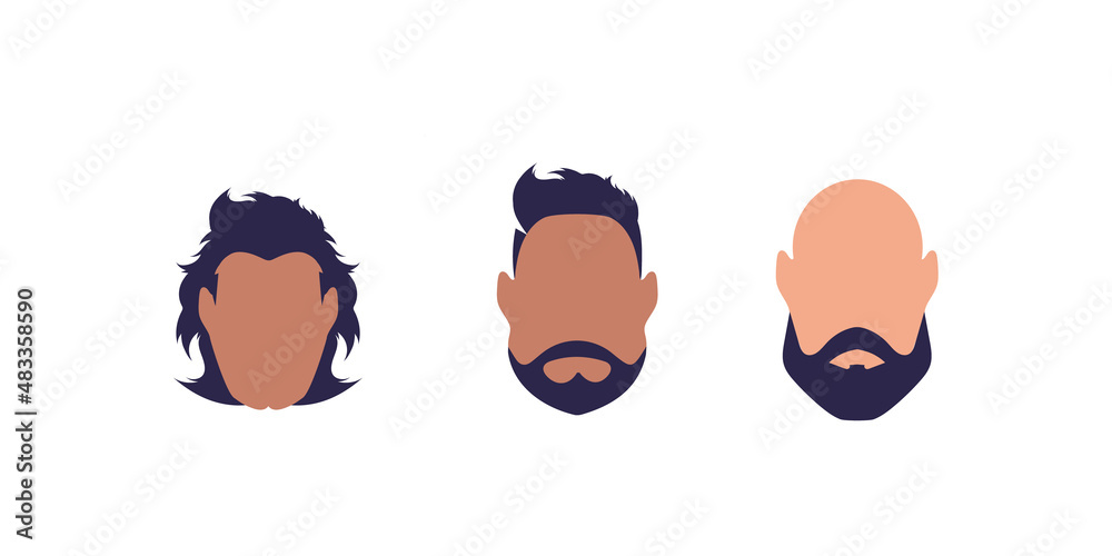 A set of three faces of men of different types and nationalities. Isolated. Cartoon style. A set of three faces of men of different types and nationalities. Isolated. Cartoon style.