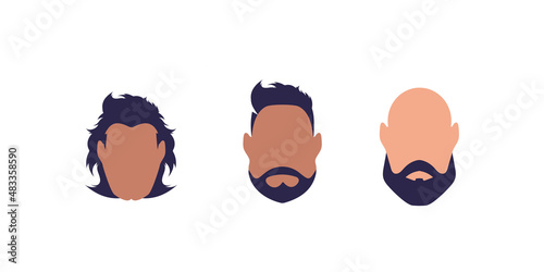 A set of three faces of men of different types and nationalities. Isolated. Cartoon style.