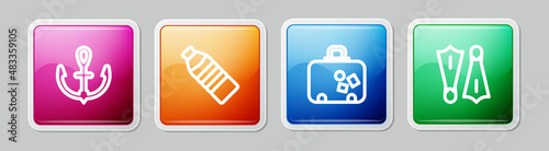 Set line Anchor, Bottle of water, Suitcase and Rubber flippers for swimming. Colorful square button. Vector