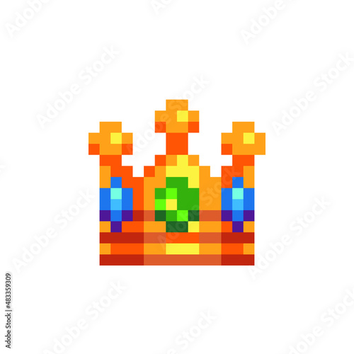 Golden crown with jewel. Pixel art icon. Flat style. 8-bit. Sticker design. Isolated vector illustration.
