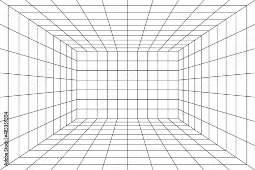 3d digital grid of room space with one point perspective. White empty geometric cyberspace studio background. Virtual three dimension scene. Easy guide architecture template