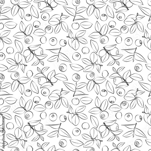 Seamless pattern with leaves and blueberries. Line drawing. Lines have different widths. Black-white. Vector graphics