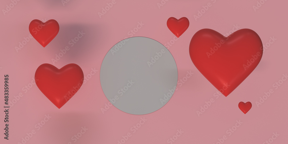 Valentines day podium surrounded by hanging hearts in 3D rendering. Cylinder shape for product display with valentine’s day concept. Pink and red colors, Pedestal, Podium, Stand, 3D illustration.