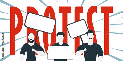 Protest banner. A group of men with banners. Strike concept. Vector illustration.