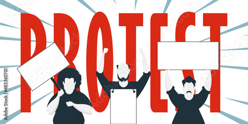 Protest banner. Men protest with banners in their hands. Strike concept. Vector illustration.