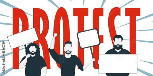 Protest banner. Men protest with banners. Strike concept. Flat style, vector.