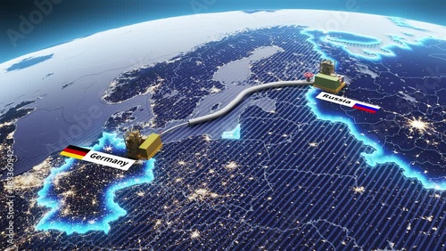 3D render of the construction of the gas pipe Nord Stream 2. The concept of sanctions and economic war, an anvil falling on a gas pipe. 3D rendering
