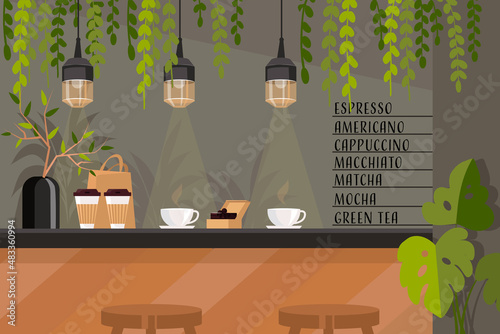 Bar counter with coffee and green plants. Cozy cafe. Vector illustration.