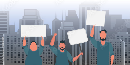 A group of men protest with banners. The concept of citizens' strikes. Prosky style, vector.