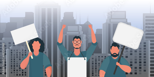 A group of men protest with banners. The concept of citizens' strikes. Cartoon style.