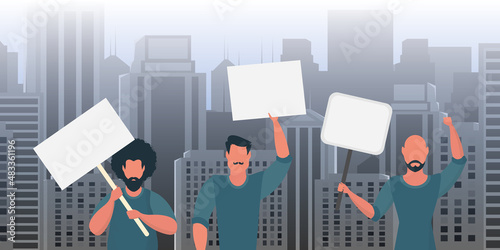 A group of men protest with banners. The concept of citizens' strikes. Vector illustration.