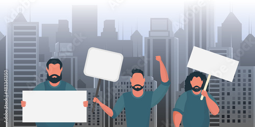 A group of men came out to protest with banners in their hands. The concept of citizens' strikes. Vector illustration.