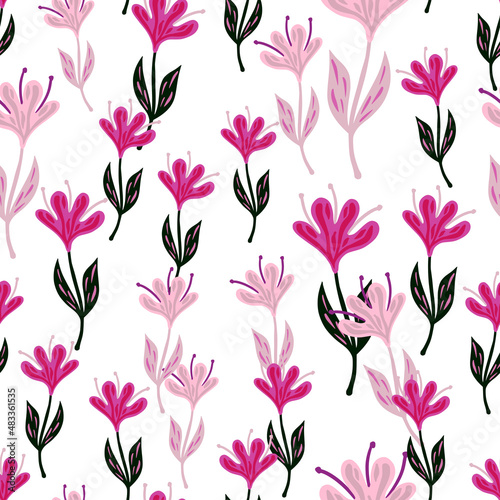 Flower cute seamless pattern. Hand drawn field background.