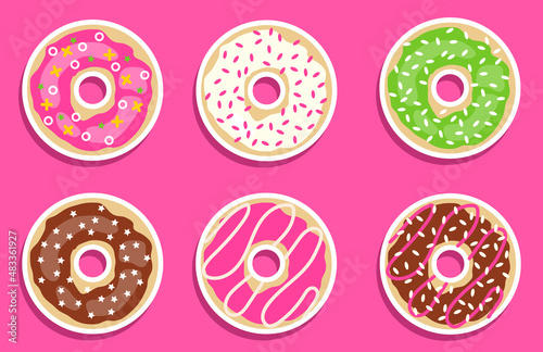 Donuts, a set of realistic donuts on a pink background with a white stroke. Vector, cartoon illustration.