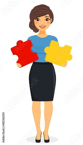 Concept, the girl holds the pieces of the puzzle in her hands. Solving business problems. Business and finance. Character. Flat style on a white background. Cartoon
