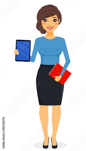 The girl shows the tablet, holding a book in her hand. Concept, a young girl businessman. Business and finance. Character. Flat style on a white background. Cartoon