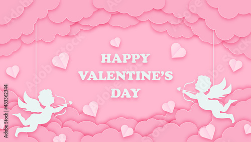 Happy valentines day greeting background in papercut style. Holiday pink banner with paper clouds, cupids and hearts. Horizontal poster, greeting card flyer. Place for text