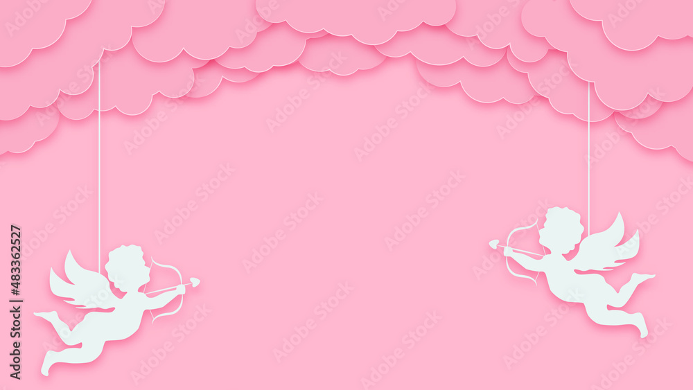 Happy valentines day greeting background in papercut style. Horizontal poster, greeting card flyer. Space for text. Holiday pink banner with clouds and cupids