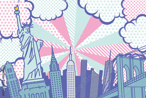 ポップアート風のニューヨークの街並み背景イラスト