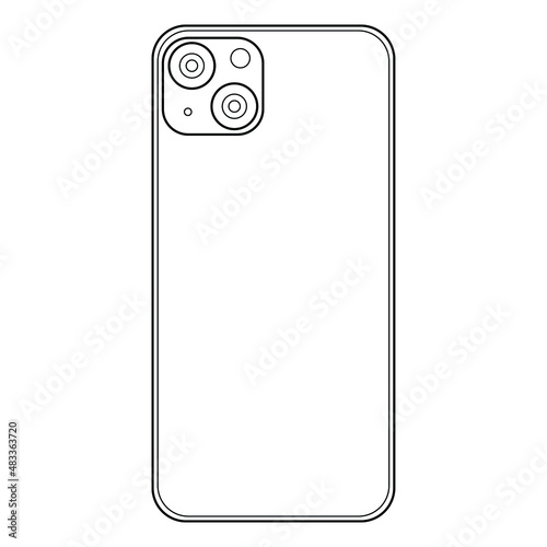 Smart phone with two cameras, back view. Vector black and white line drawing of cellphone with double camera. Case for phone, mock up design empty template. Linear isolated illustration, modern device