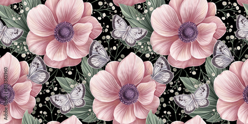 Pink anemone flowers, butterflies, green leaves. Floral background, seamless pattern. Hand-painted watercolor vintage 3d illustration. Dark abstract background. Luxury wallpaper, cloth, poster, paper © alenarbuz