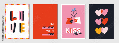 Set of greeting card about love.Trendy cover template vector illustration.Happy Valentine’s Day typography poster design.Holiday romantic postcard in retro style with textured background