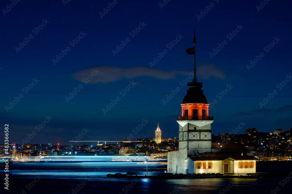 Istanbul. Galata Tower and Maiden's Tower in Istanbul at night