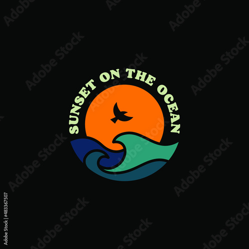 sunset on the ocean with bird silhouette logo concept. Vector illustration