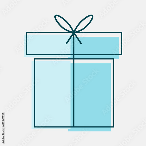 Original blue gift box in cube shape. Elegant bow on box ajar lid. This bright accent completes individual packaging look. Thin tape for fixing lid. Linear flat trendy icon. Gift design template.