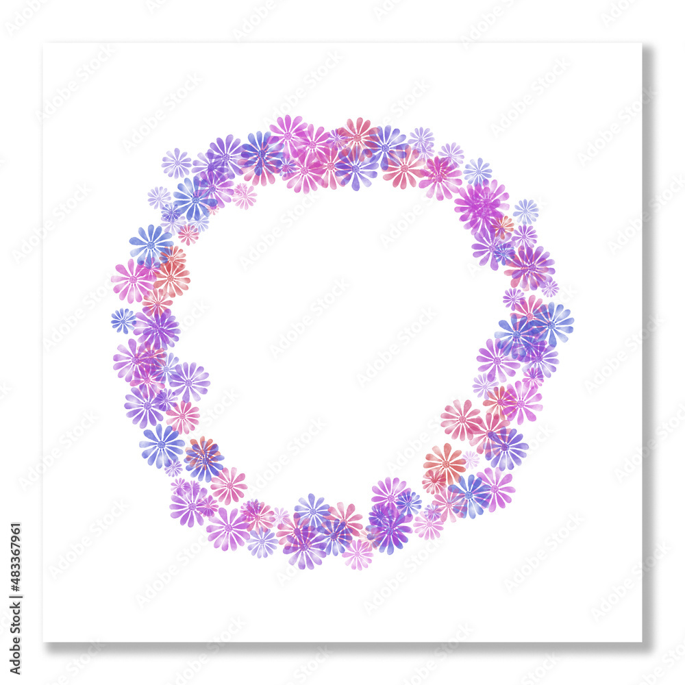Watercolor floral round frame. Wreath of blue, pink and purple flowers. Postcard, baner, wedding invitation, blank template.