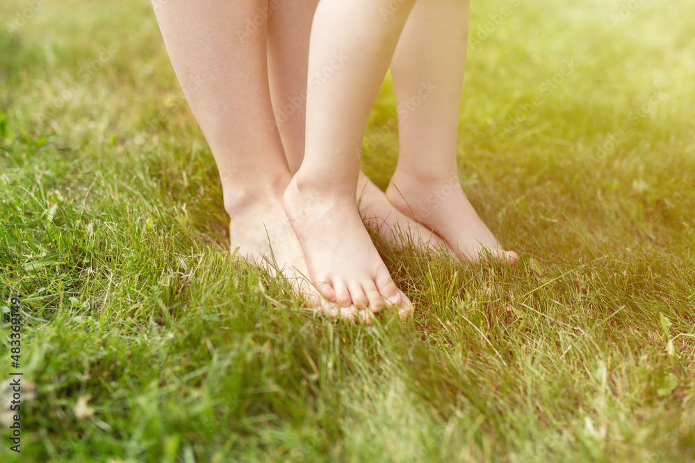 Closeup of woman and toddler kid barefeet on green grass. Mother and toddler kid walking on the grass barefeet