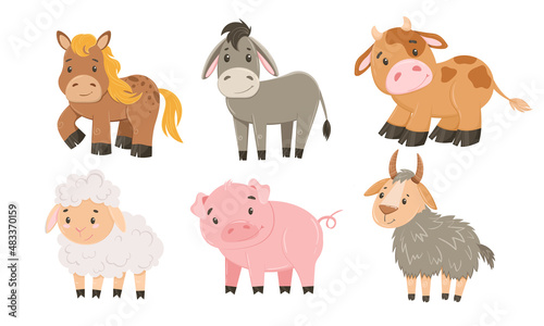 Vector set with farm animals in flat style. Vector illustration for children, hand drawn animals isolated on white background