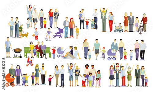 Eltern und Kinder, Familien Gruppen isoliert auf weiß, illustration
