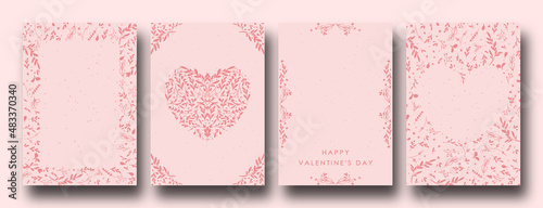 Ornate Happy Valentine's day cards with hearts and leaves, simple and minimal with a copy space. Universal modern artistic templates.	

