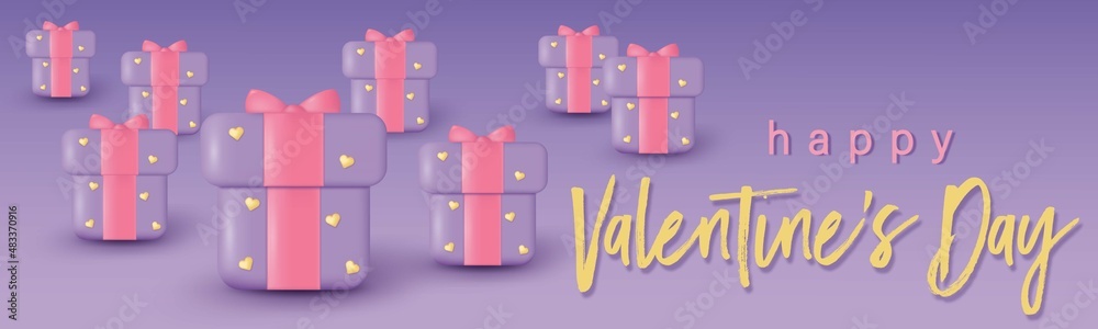 3D illustration baner of a gift on a purple background, trend, with hearts for Valentine's Day