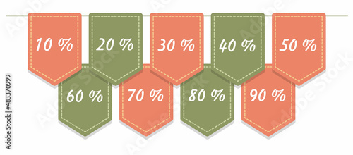 Garland of flags, bunting banner for sales with discount offers. Vector illustration. Flat style. Pink and green