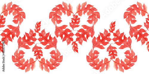 Watercolor set of seamless border with stylized red acanthus leaves