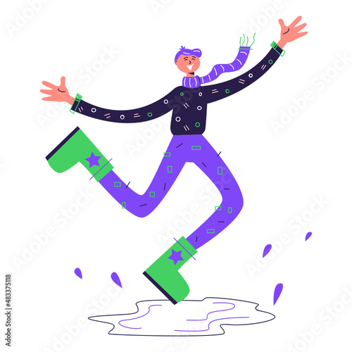 happy man jumping through puddles